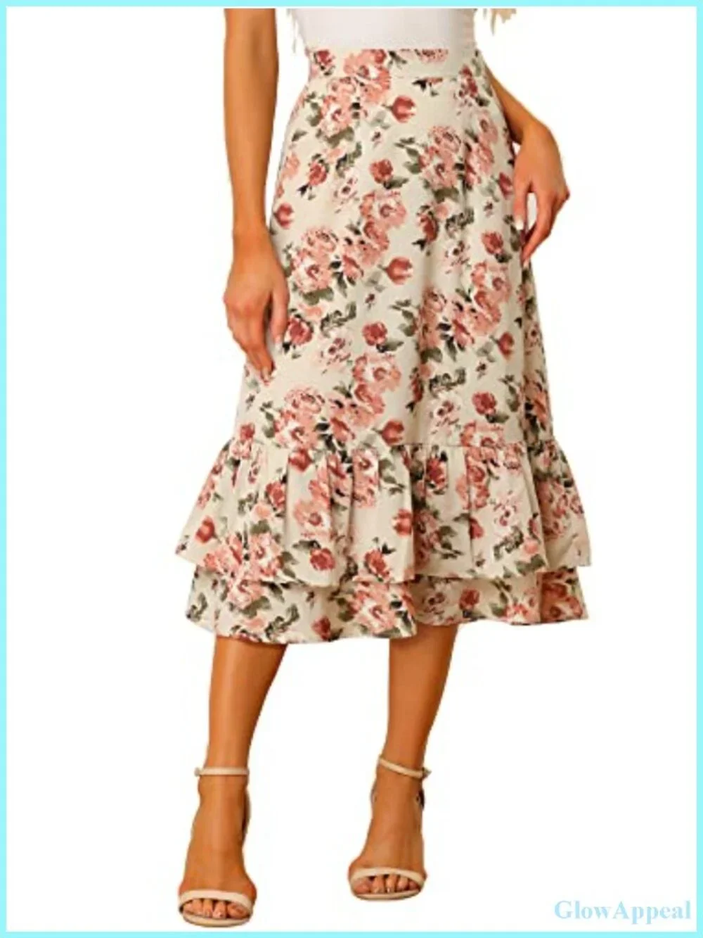 High Waist Floral Chiffon Ruffle Midi Skirt, Layered High Low Flowy with Hidden